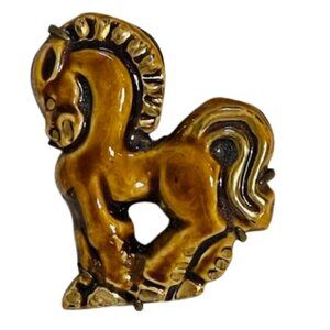 Figural Horse Brooch Tan/Gold Ceramic Vintage Doliet France Brass Trombone Clasp